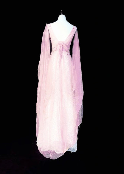 Vintage A line V Neck Pink With Long Sleeves Senior Prom dresses High School Formal Dress N1293