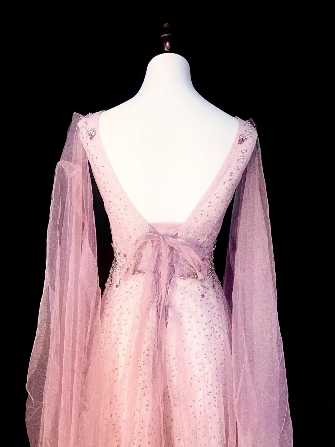 Vintage A line V Neck Pink With Long Sleeves Senior Prom dresses High School Formal Dress N1293
