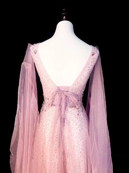 Vintage A line V Neck Pink With Long Sleeves Senior Prom dresses High School Formal Dress N1293