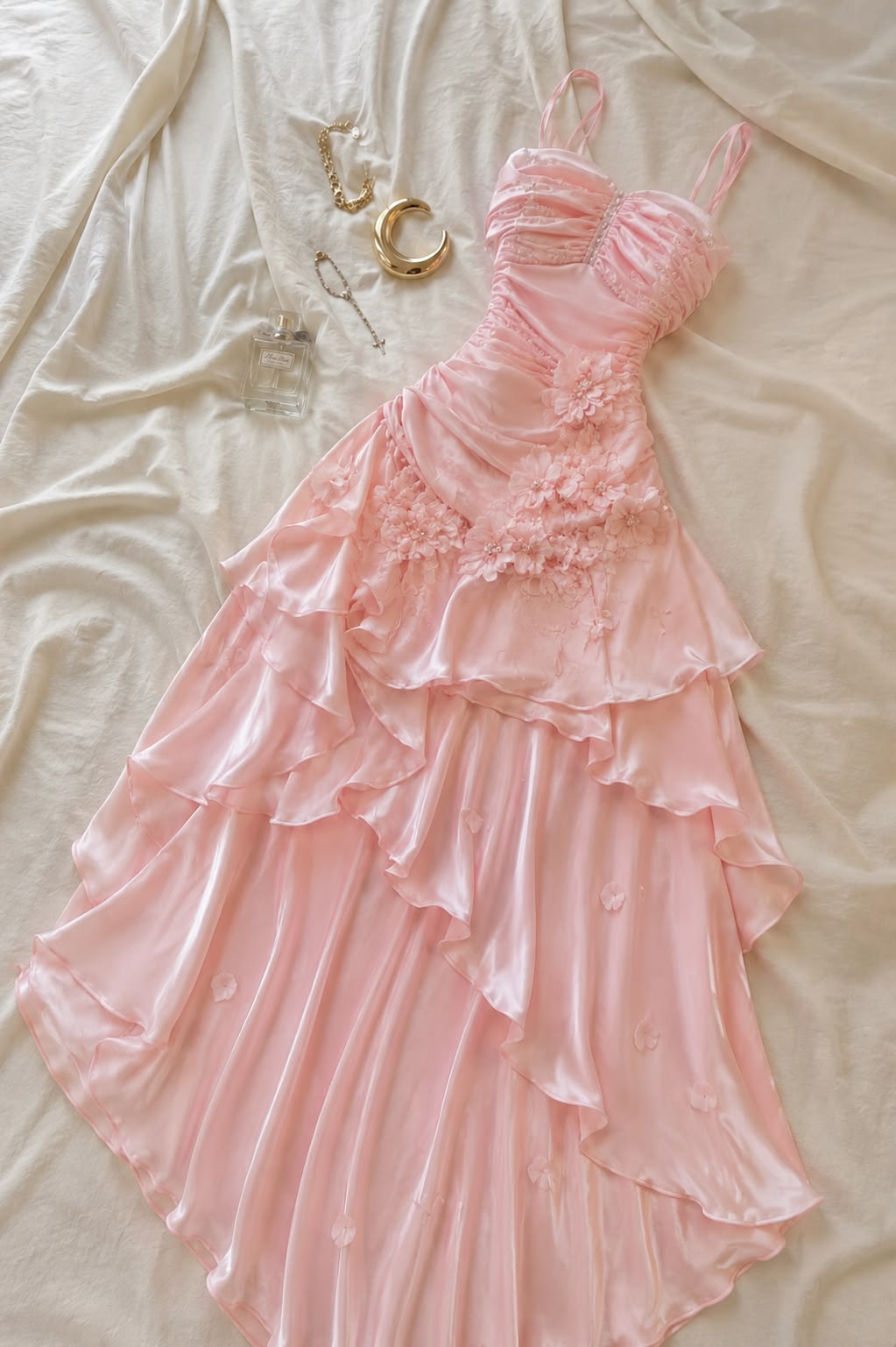 Dreamy Mermaid Spaghetti Strap Pink With Pleated Long Prom Dress Ruffles Evening Party Formal Outfits RB6687