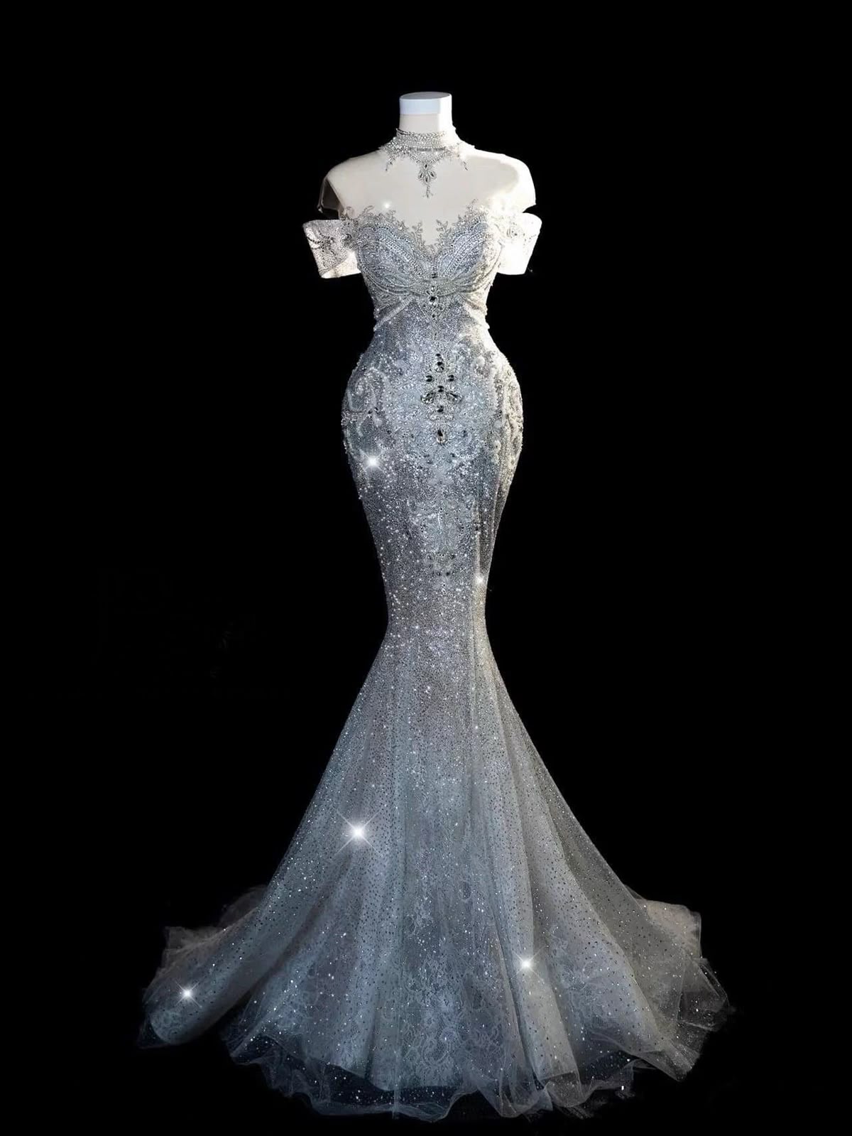 Robe de mariée longue de princesse sirène épaules dénudées à sequins blancs avec manches et traîne AB2188