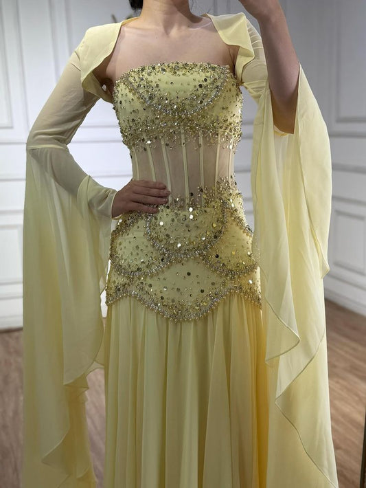 Pretty Mermaid Strapless Maxi Long Party Yellow Chiffon Prom Dresses Evening Dress RB1595