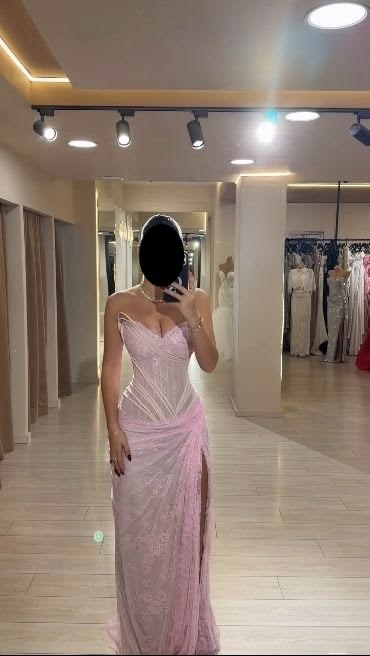 Sexy Meerjungfrauen-Kleid, trägerlos, rosa Spitze mit Schlitz, langes Abendkleid mit Falten, Partykleid N350