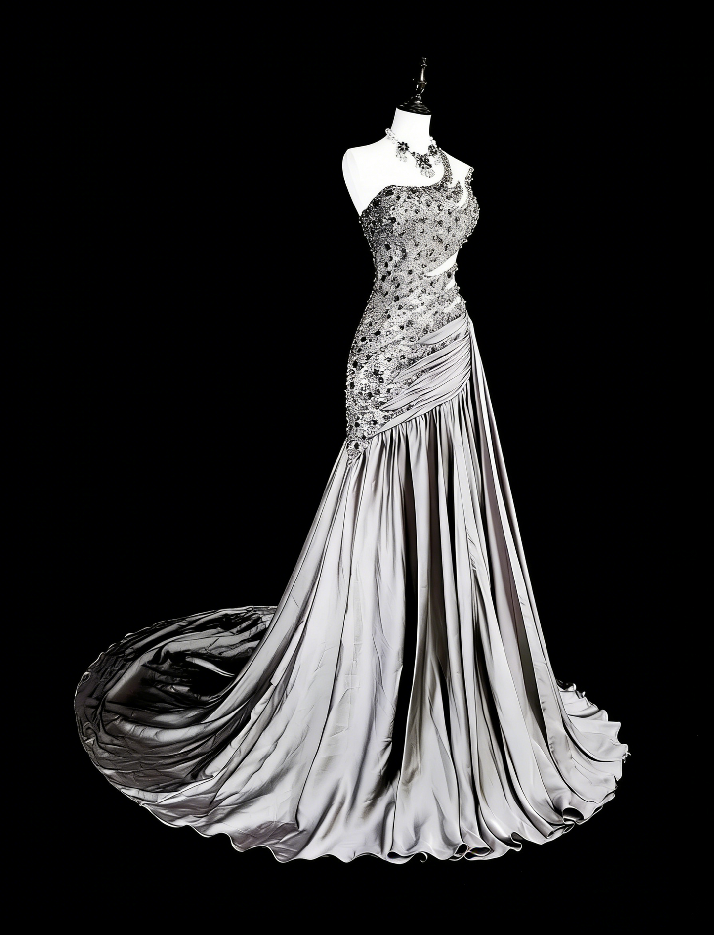 Robe de bal vintage sirène esthétique à une épaule en taffetas gris, inspiration classique avec cristaux et pierres précieuses N1999