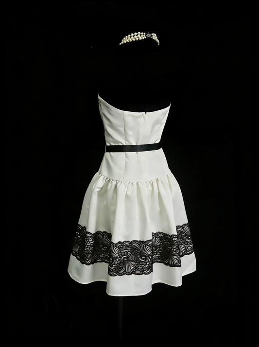 Unique A Line Strapless Ivory Satin With Black Lace Inspo 2000s Hoco Gowns Inspo Homecoming Dresses N1444