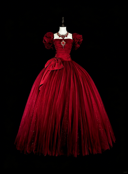 Modest Prom Dresses Ball Gown Square Neck Burgundy Tulle Long Quince Dress N3072