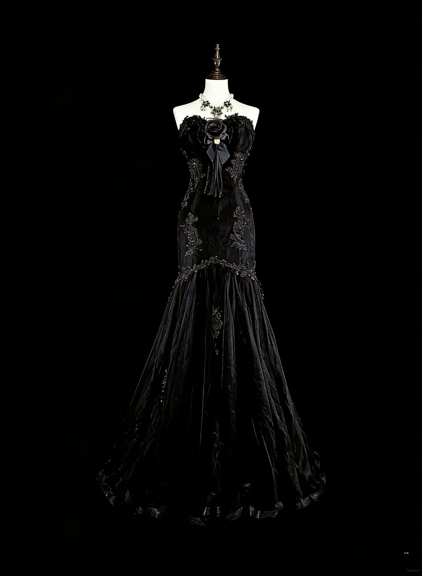 Vintage 1980s Mermaid Sweetheart Black Tulle With Appliques Sleeveless Long Prom Formal Dresses N1599