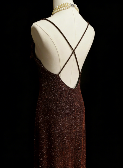 Robe de bal d'été scintillante sirène sans manches à fines bretelles marron pour femmes, filles et adolescentes N2240