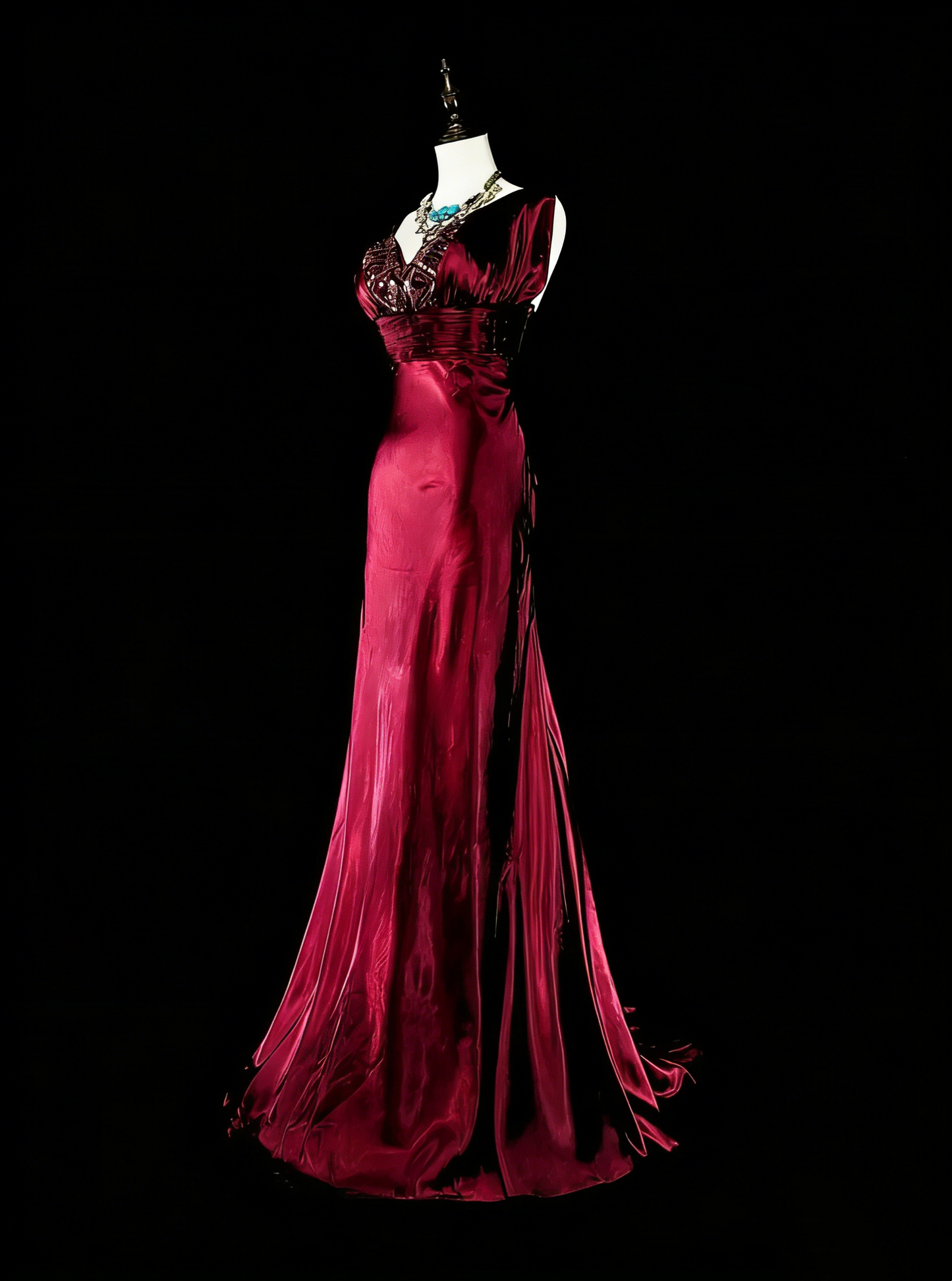 Vintage Meerjungfrauen-Abendkleid mit V-Ausschnitt, dunkelrot-burgunderfarbenem Satin mit Perlenstickerei, langes Ballkleid, Partykleid, Modekleid N1829