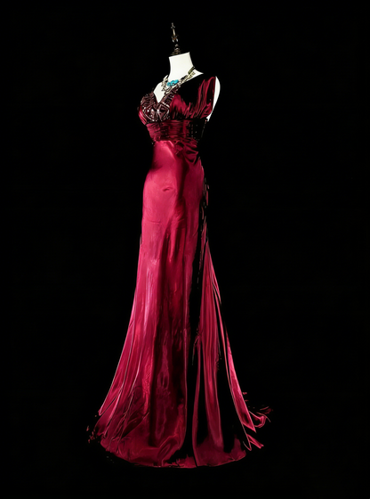 Vintage Meerjungfrauen-Abendkleid mit V-Ausschnitt, dunkelrot-burgunderfarbenem Satin mit Perlenstickerei, langes Ballkleid, Partykleid, Modekleid N1829