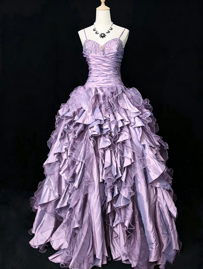 Vintage Prom Dresses Inspo Ball Gown Spaghetti Strap Purple Tulle Tiered Layers 80s With Beaded Formal Gowns N3357
