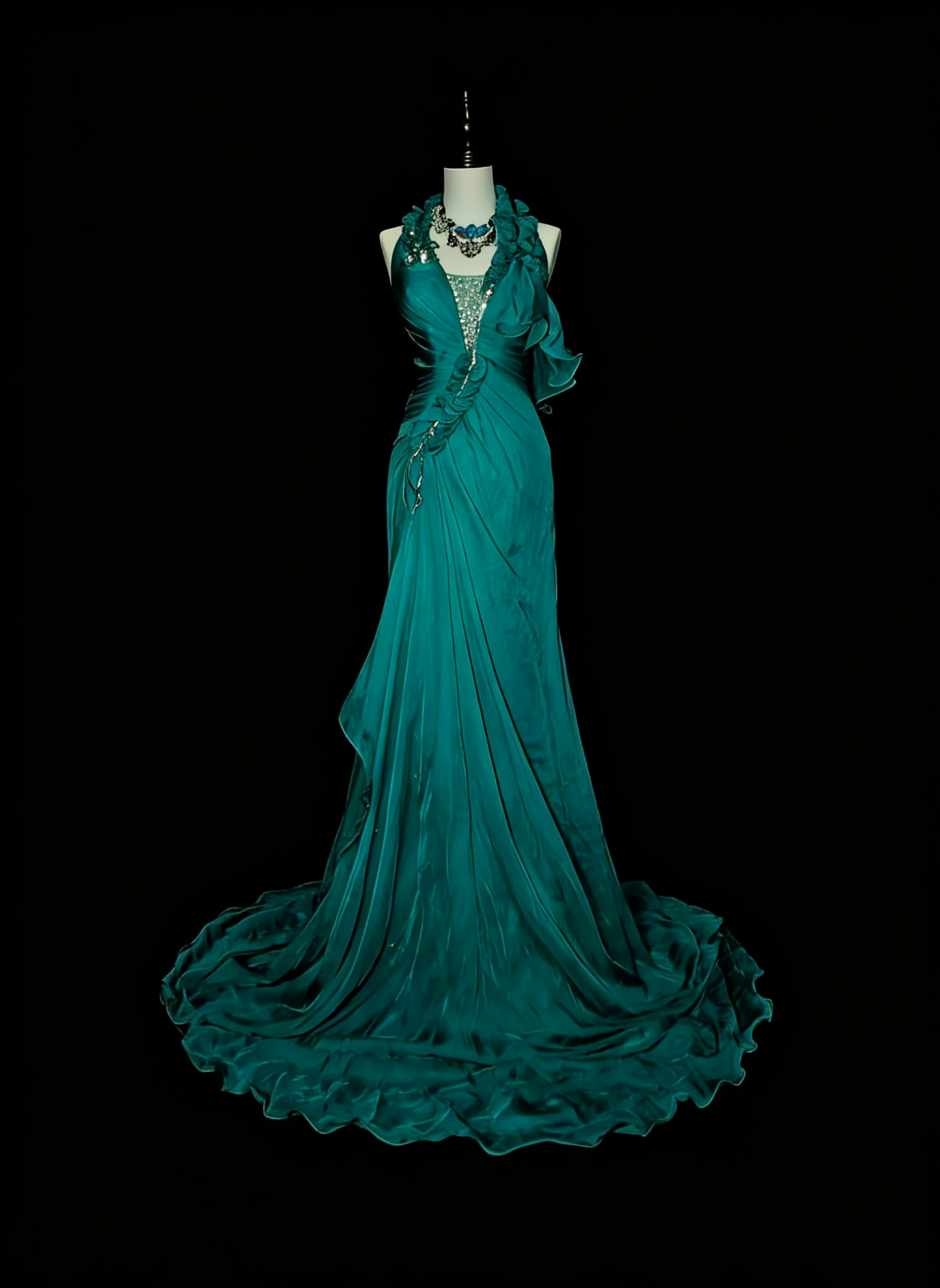 Elegantes, ärmelloses, dunkelgrünes Chiffon-Abendkleid in A-Linie mit Neckholder, langes formelles Kleid für die Oberstufe, N1378