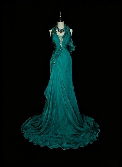 Elegantes, ärmelloses, dunkelgrünes Chiffon-Abendkleid in A-Linie mit Neckholder, langes formelles Kleid für die Oberstufe, N1378