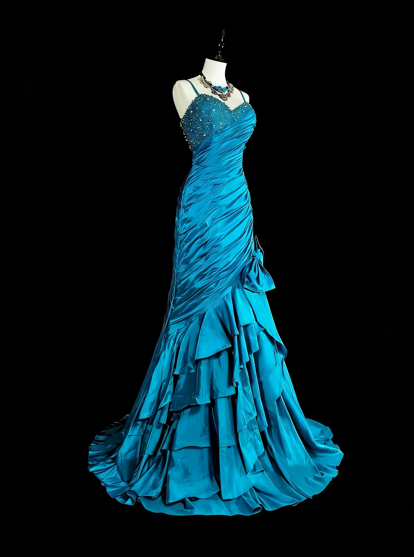 Robes de bal vintage sirène à fines bretelles bleues avec perles plissées années 1980 longue robe de soirée N2702