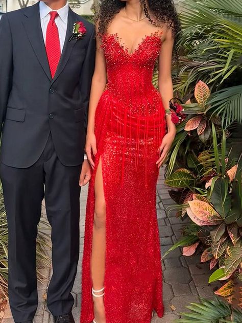 Rotes, trägerloses Pailletten-Abendkleid mit Perlenfransen an der Taille und hohem Schlitz für Damen AB1546