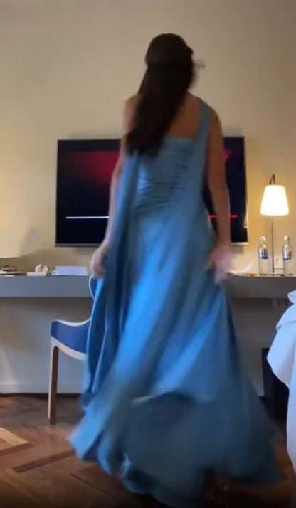 Elegant Strapless A Line Blue Prom Dresses Long Evening Dress AB1551
