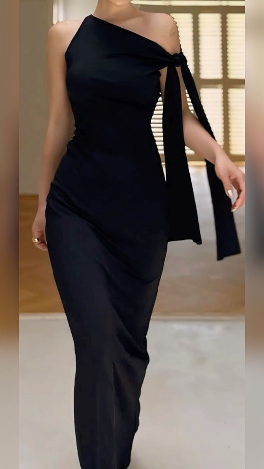 Schlichtes, schwarzes, langes Meerjungfrauen-Abendkleid mit One-Shoulder-Ausschnitt, elegant und perfekt für festliche Anlässe wie Abschlussball oder Dinnerpartys (AB2044)