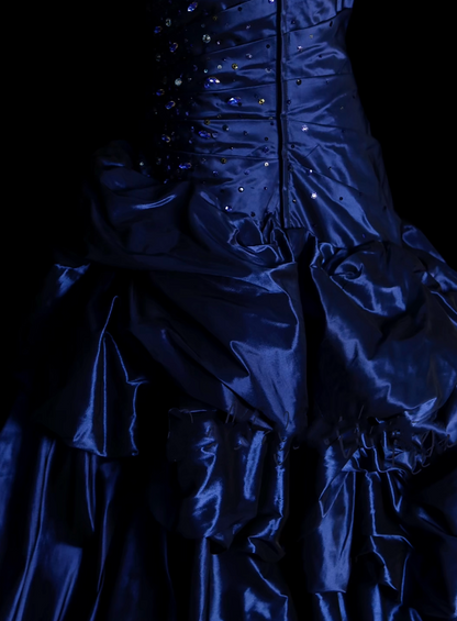 Robe de bal vintage bustier bleu marine en satin, longue, pour bal de fin d'année, tenue de soirée N035