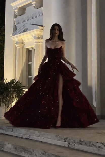 Funkelndes, trägerloses, burgunderrotes Ballkleid mit Schlitz, Pailletten, langes, formelles Abendkleid N795