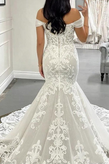 Modest Mermaid Off The Shoulder White Fitted Corset Long Wedding Dress Bride Gowns Wedding Dresses AB035