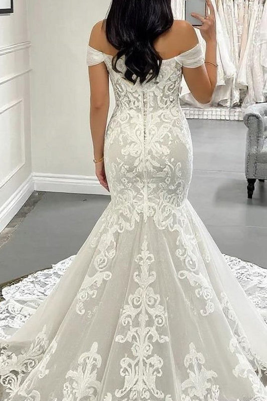 Modest Mermaid Off The Shoulder White Fitted Corset Long Wedding Dress Bride Gowns Wedding Dresses AB035