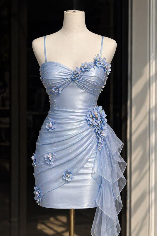 Elegant Sheath Spaghetti Strap Light Sky Blue Satin Party Dress Short Mini 15th Birthday Dresses Hoco Outfits RB3438