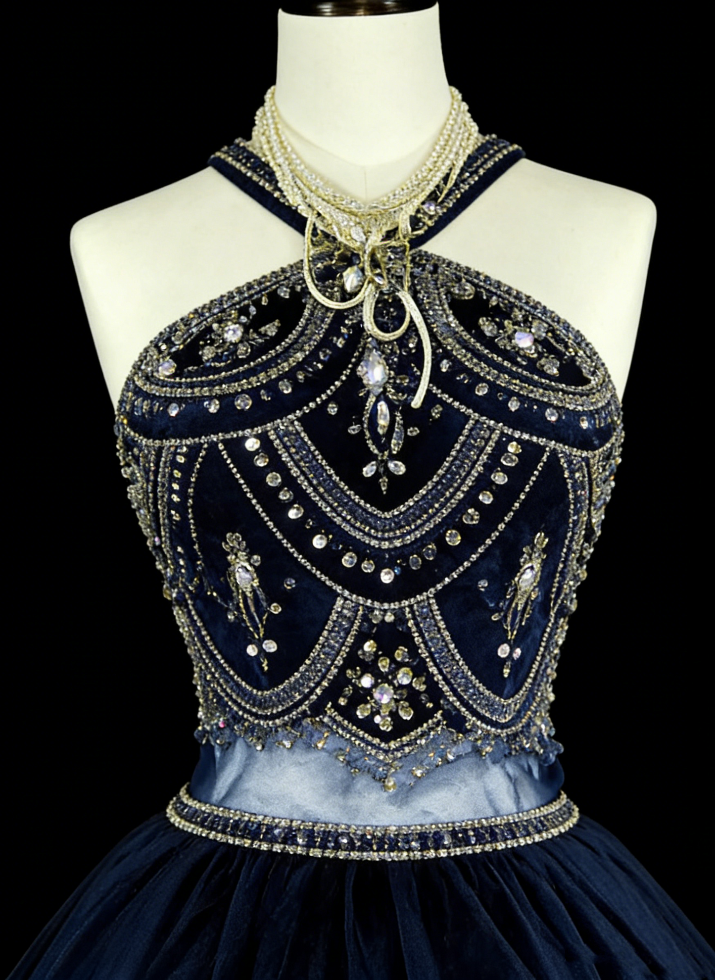 Vintage Ballkleid, hochgeschlossen, marineblauer Tüll mit Perlenstickerei, ärmellos, 70er-Jahre-Stil, langes formelles Abendkleid N1485