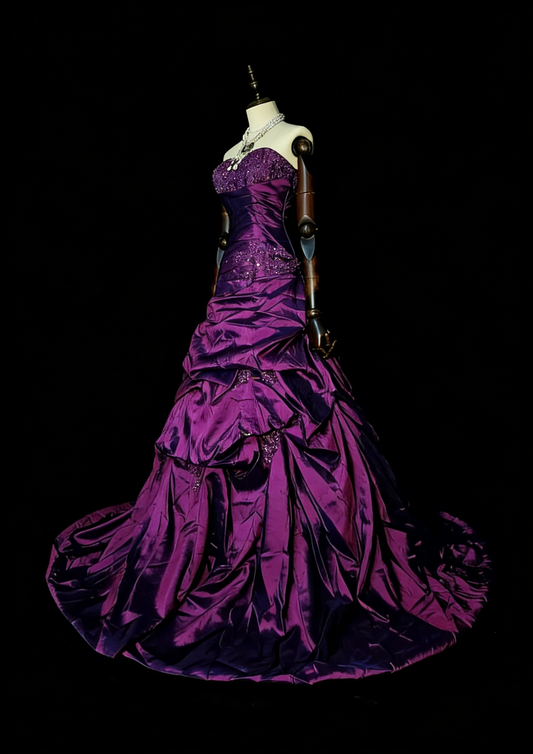 Vintage 1760s Ball Gown Sweetheart Purple With Satin Pleated Long Prom Dresses N1599