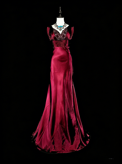 Vintage Meerjungfrauen-Abendkleid mit V-Ausschnitt, dunkelrot-burgunderfarbenem Satin mit Perlenstickerei, langes Ballkleid, Partykleid, Modekleid N1829