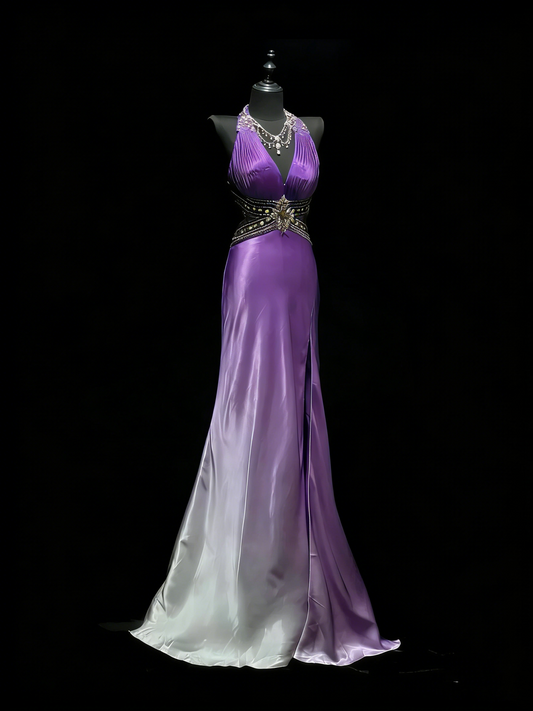 Robe de bal longue sirène à col en V, dégradé blanc raisin, fente, idéale pour les jeunes filles (N1186)