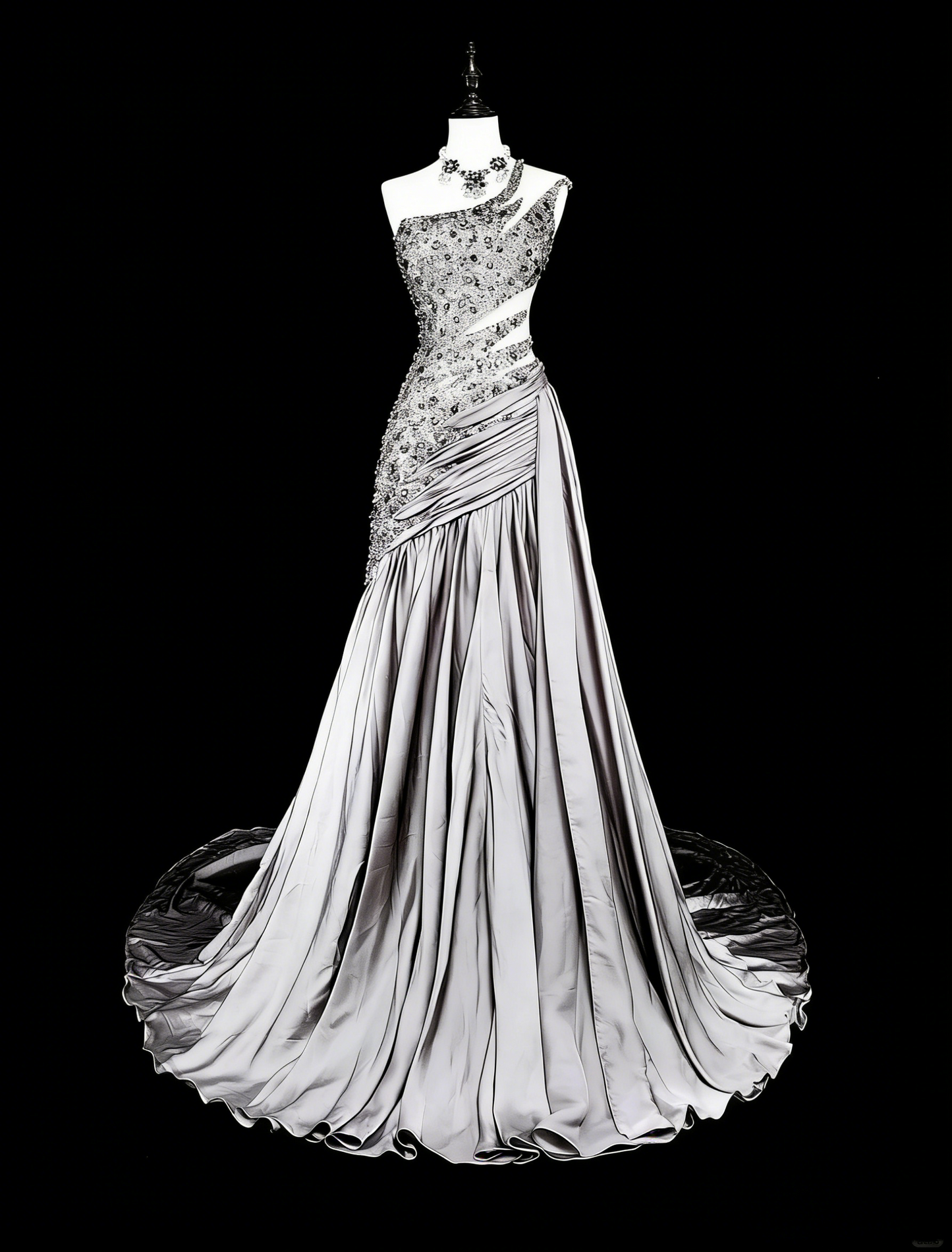 Robe de bal vintage sirène esthétique à une épaule en taffetas gris, inspiration classique avec cristaux et pierres précieuses N1999