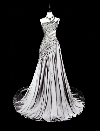 Robe de bal vintage sirène esthétique à une épaule en taffetas gris, inspiration classique avec cristaux et pierres précieuses N1999
