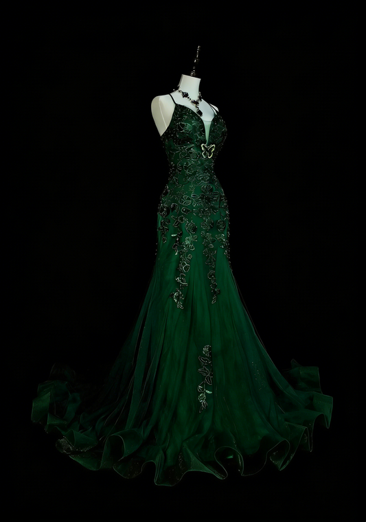 Robe de bal d'été longue, vert foncé, style sirène vintage années 90, ornée de dentelle et de perles, idéale pour les soirées formelles des lycéens (N1425)