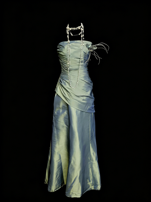 Robe de soirée sirène bustier en satin vert, style modeste, idéale pour les bals de fin d'année des adolescentes (N1147)