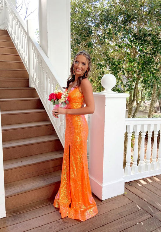 Modest Mermaid Spaghetti Strap Orange Split Prom Dresses Inspo For Teens Formal Dress Party Outfits Prom Gowns AB067