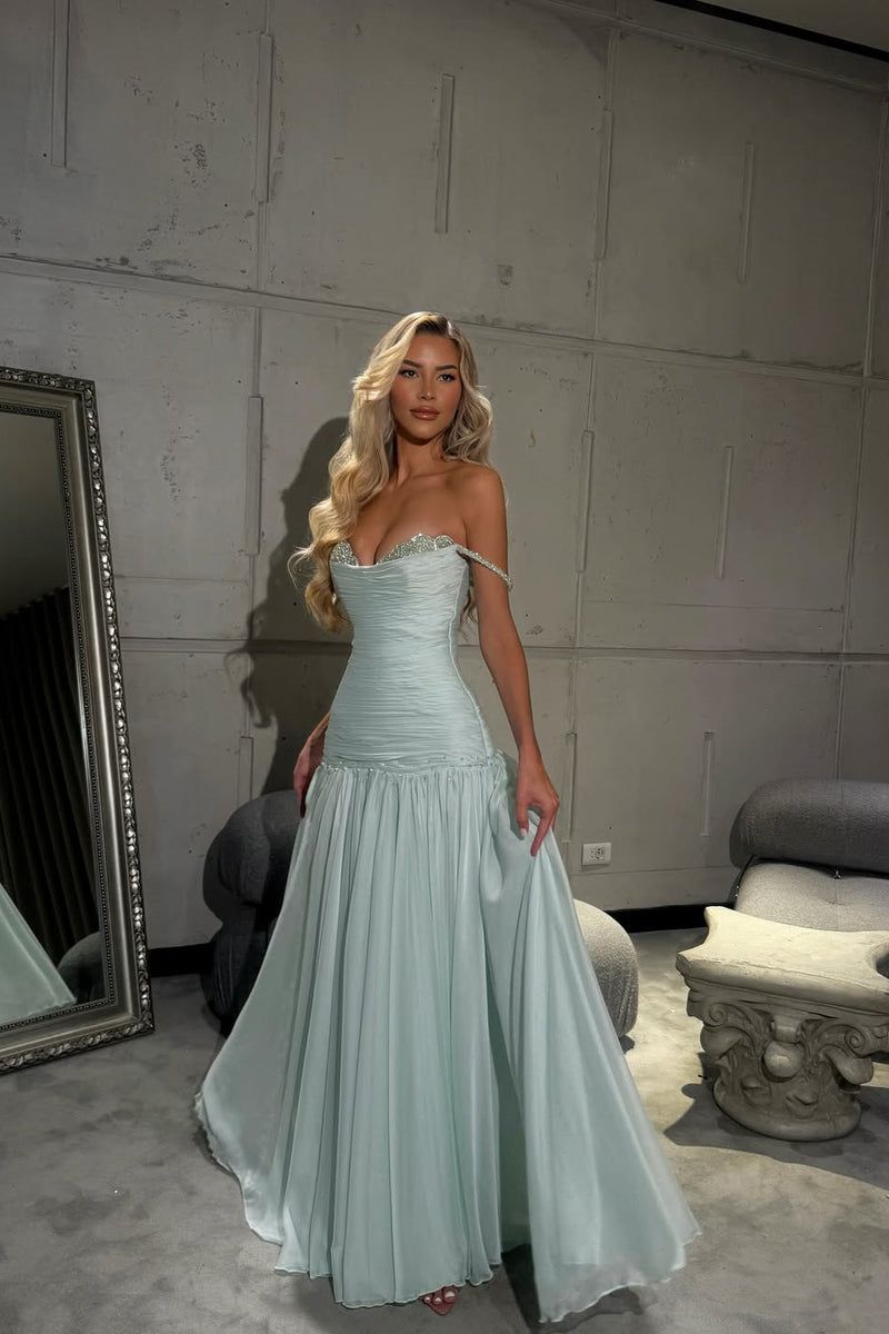 Elegantes, ärmelloses, hellblaues Ballkleid mit Spaghettiträgern, langes Partykleid AB1779