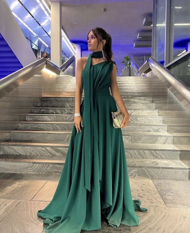 Elegantes, schulterfreies A-Linien-Abendkleid aus Tüll mit Schal, dunkelgrün, formelles Partykleid AB441