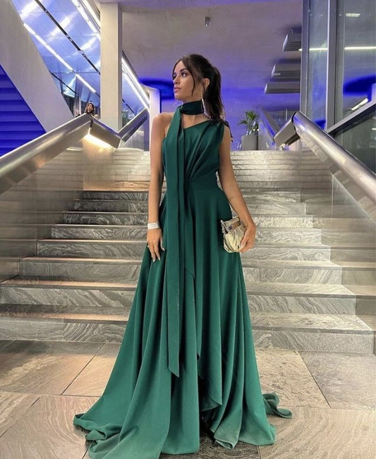 Elegant One Shoulder With Scarf Prom Dress A-Line Tulle Sleeveless Evening Dress Dark Green Formal Party Gowns AB441