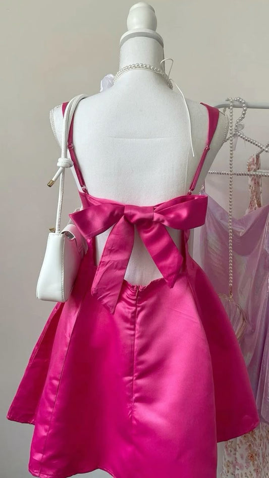 Elegant A Line Straps Pink Backless Short Satin 16th Birthday Dress Hoco Dresses N1926