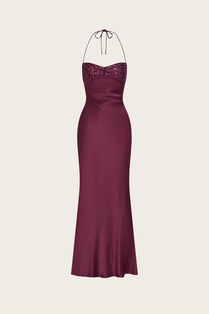 Robe de soirée longue de bal de promo, style sirène sexy, dos nu, bordeaux, ornée de perles, AB1745