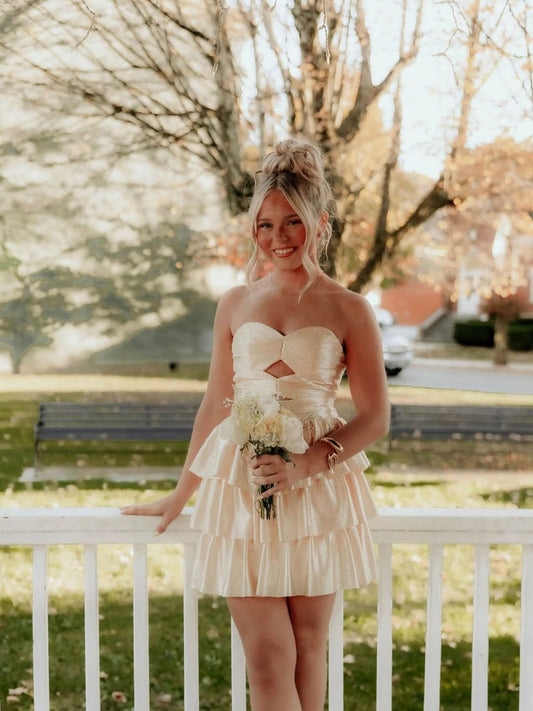 Cute Prom Night Party Outfit A line Sweetheart Gold Hoco dress inspo Short Homecoming Dresses RB6058