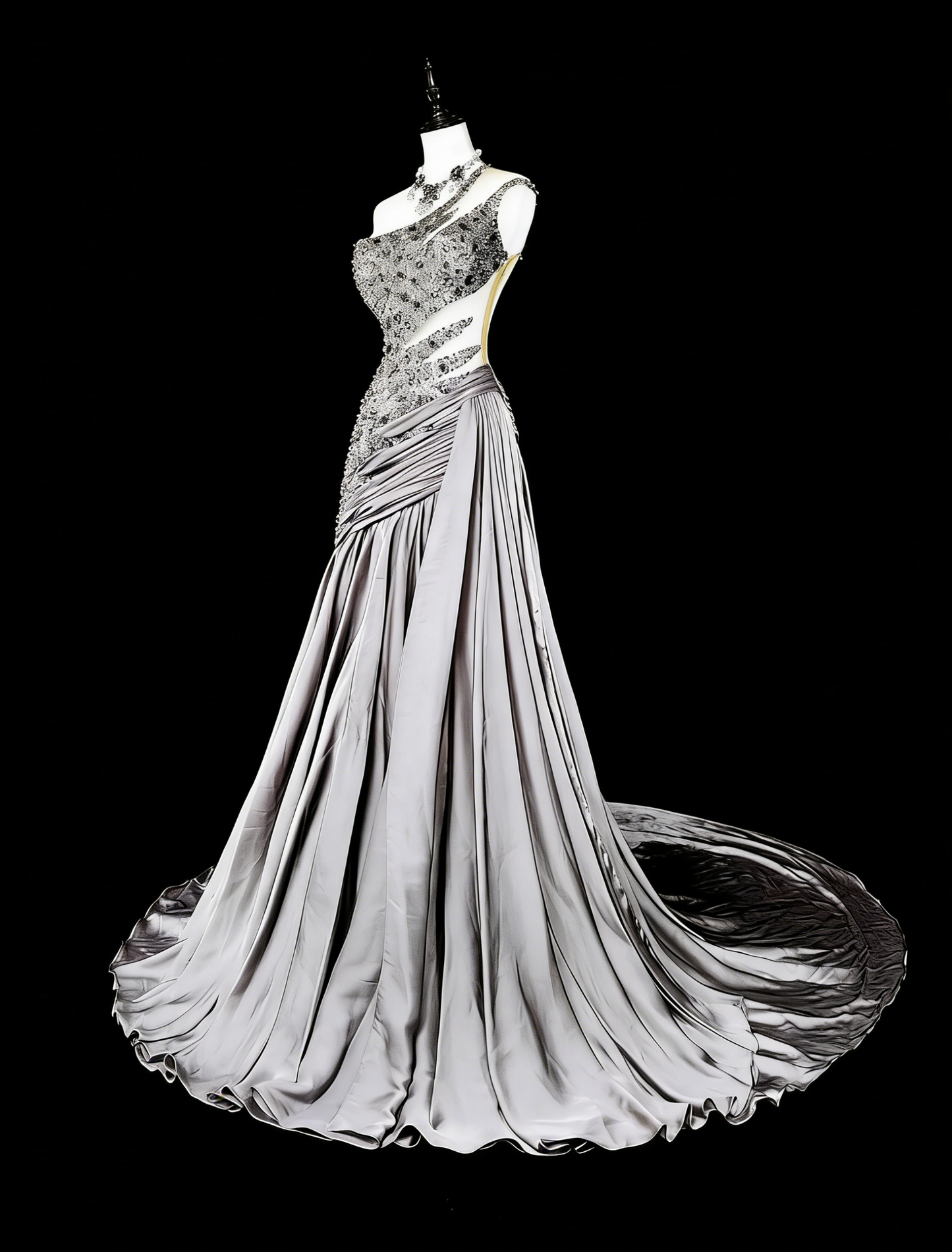 Robe de bal vintage sirène esthétique à une épaule en taffetas gris, inspiration classique avec cristaux et pierres précieuses N1999
