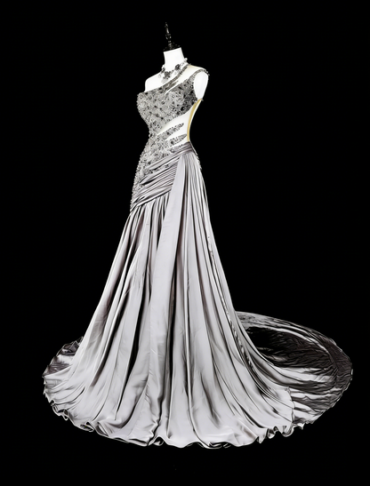 Robe de bal vintage sirène esthétique à une épaule en taffetas gris, inspiration classique avec cristaux et pierres précieuses N1999
