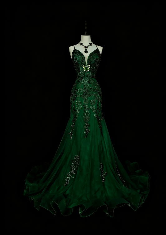 Robe de bal d'été longue, vert foncé, style sirène vintage années 90, ornée de dentelle et de perles, idéale pour les soirées formelles des lycéens (N1425)