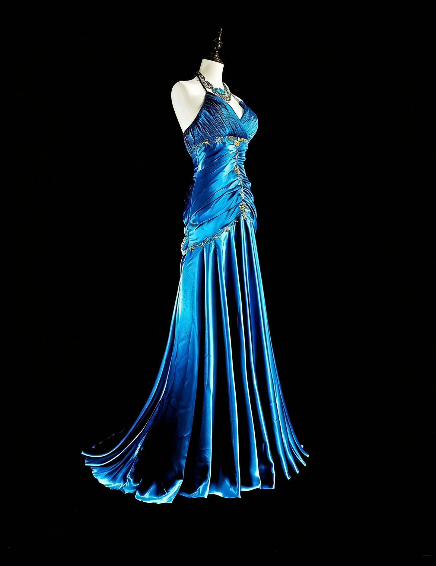 Robes de bal vintage Sirène Halter Satin Bleu Perlé Longue Robe de soirée N2378