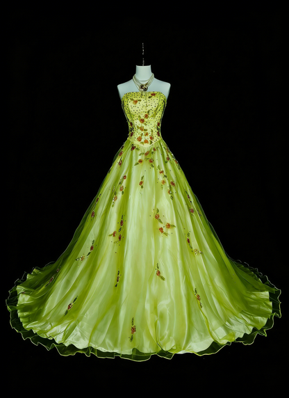 Robe de bal chic sans bretelles en tulle vert ornée de perles, longue, tenue de soirée pour les jeunes filles (N1379).