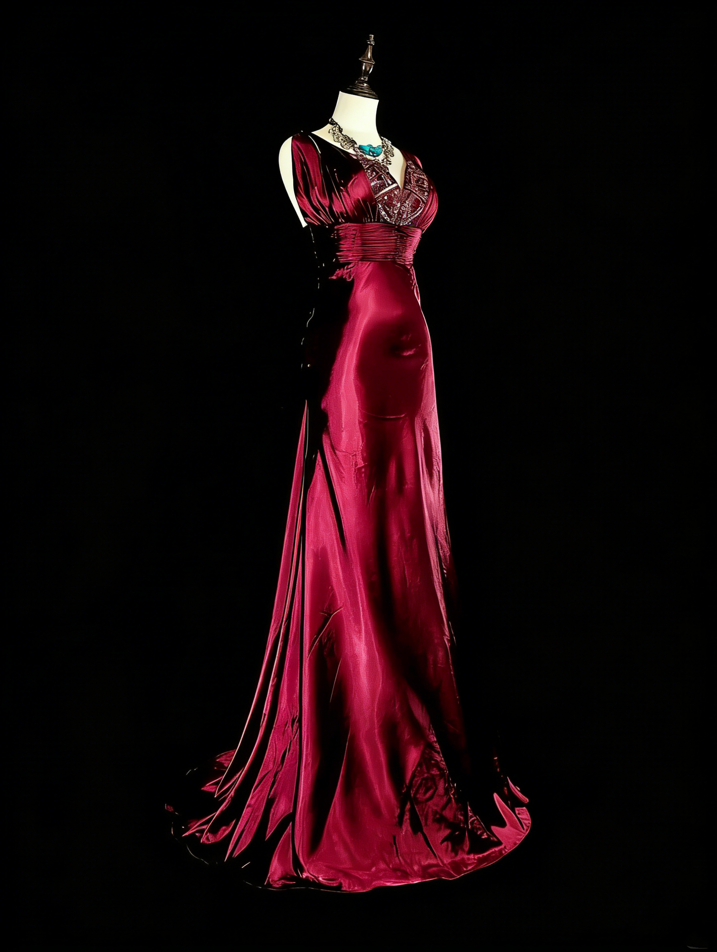 Vintage Meerjungfrauen-Abendkleid mit V-Ausschnitt, dunkelrot-burgunderfarbenem Satin mit Perlenstickerei, langes Ballkleid, Partykleid, Modekleid N1829