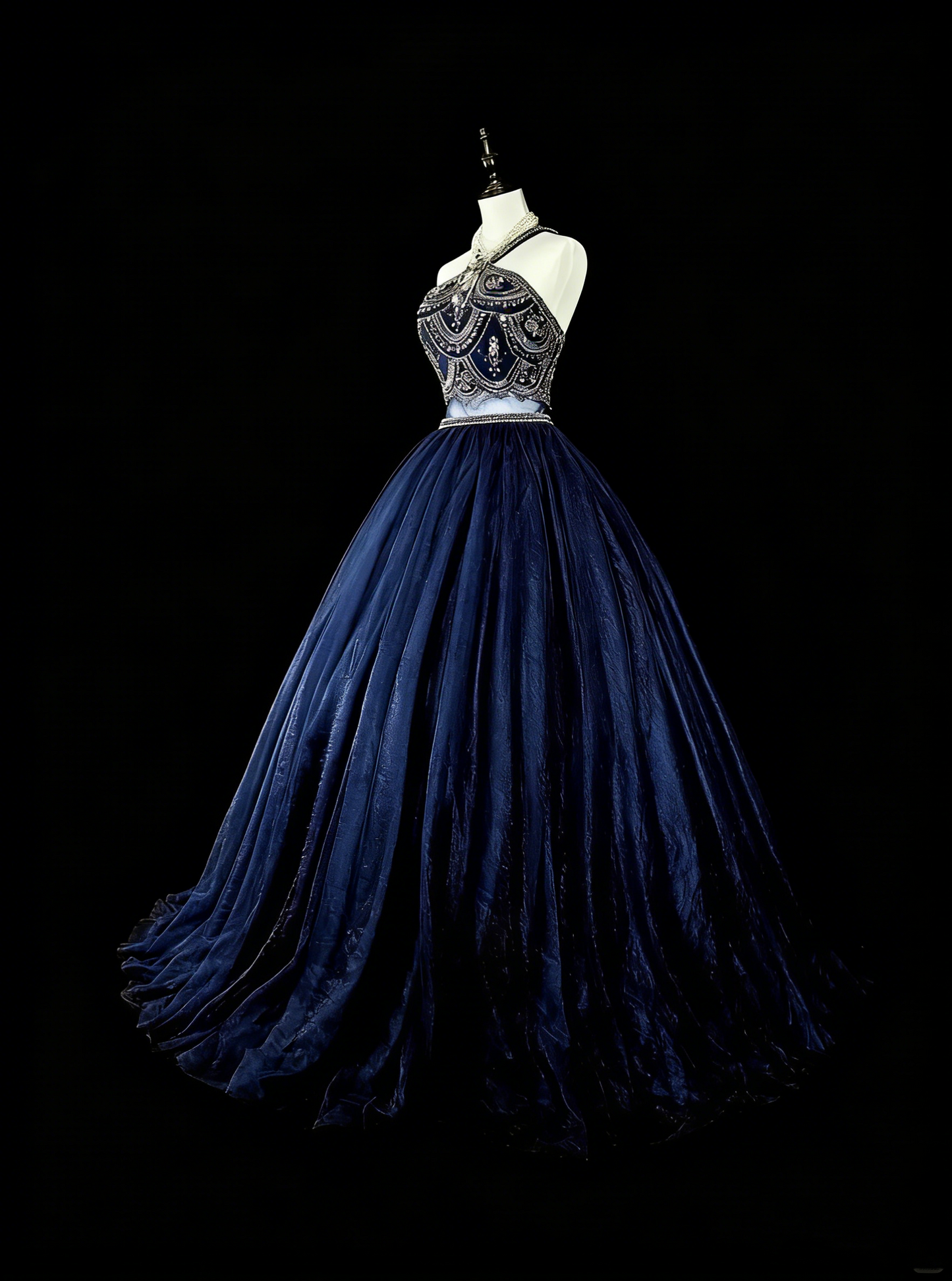 Vintage Ballkleid, hochgeschlossen, marineblauer Tüll mit Perlenstickerei, ärmellos, 70er-Jahre-Stil, langes formelles Abendkleid N1485