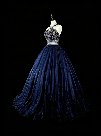 Vintage Ballkleid, hochgeschlossen, marineblauer Tüll mit Perlenstickerei, ärmellos, 70er-Jahre-Stil, langes formelles Abendkleid N1485