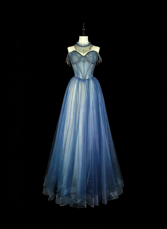 Vintage Prom Dresses Aesthetic 1950s Retro A Line Spaghetti Strap Blue Tulle Long Party Dress N2369